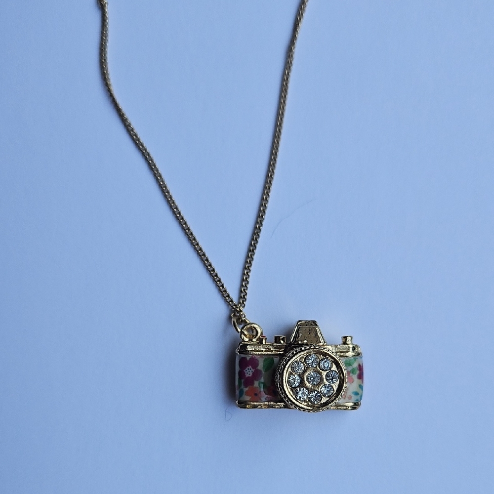 Gold Floral Camera Pendant Necklace